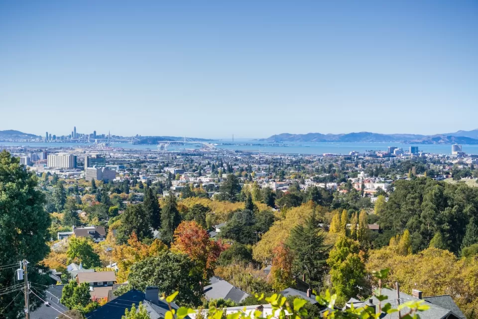 View of San Francisco Bay on sunny day from residential area of Oakland, California.